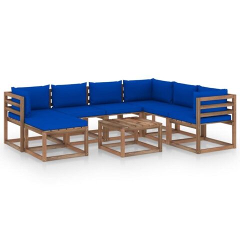 vidaXL 8-delige Loungeset met blauwe kussens Tuinmeubelen Blauw Hout