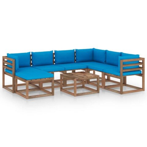 vidaXL 8-delige Loungeset met lichtblauwe kussens Tuinmeubelen Blauw Hout