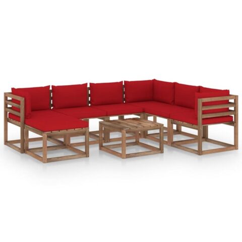 vidaXL 8-delige Loungeset met rode kussens Tuinmeubelen Rood Hout