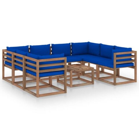 vidaXL 9-delige Loungeset met blauwe kussens Tuinmeubelen Blauw Hout