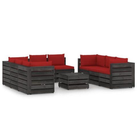 vidaXL 9-delige Loungeset met kussens grijs geïmpregneerd hout Tuinmeubelen Rood Hout