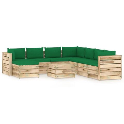 vidaXL 9-delige Loungeset met kussens groen geïmpregneerd hout Tuinmeubelen Groen Hout