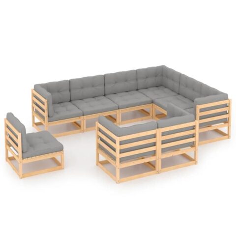 vidaXL 9-delige Loungeset met kussens massief grenenhout Tuinmeubelen Grijs Hout