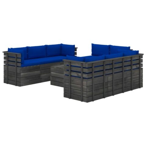 vidaXL 9-delige Loungeset met kussens pallet massief grenenhout Tuinmeubelen Blauw Hout