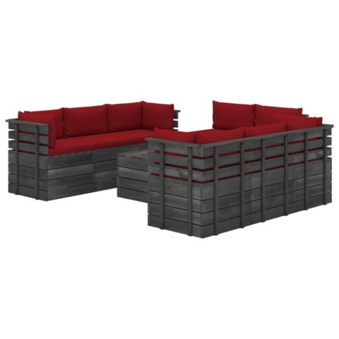 vidaXL 9-delige Loungeset met kussens pallet massief grenenhout Tuinmeubelen Rood Hout