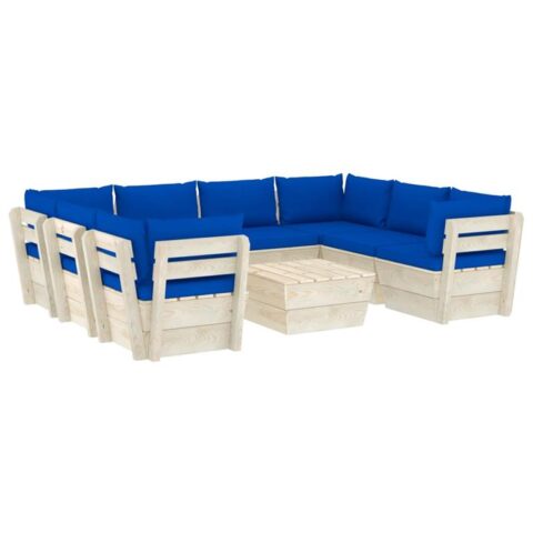 vidaXL 9-delige Loungeset met kussens pallet vurenhout Tuinmeubelen Blauw Hout