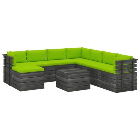 vidaXL 9-delige Loungeset pallet met kussens massief grenenhout Tuinmeubelen Groen Hout