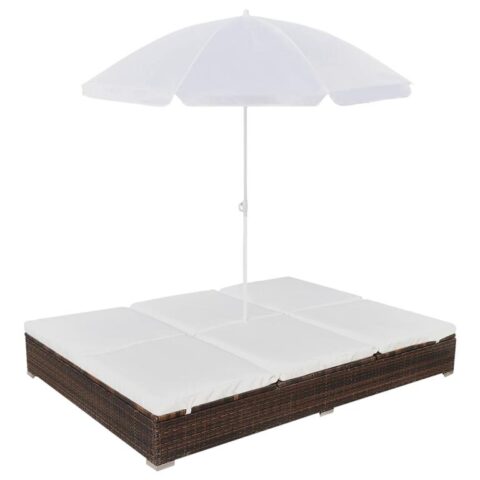 vidaXL Loungebed met parasol poly rattan bruin Tuinmeubelen Bruin Polyamide