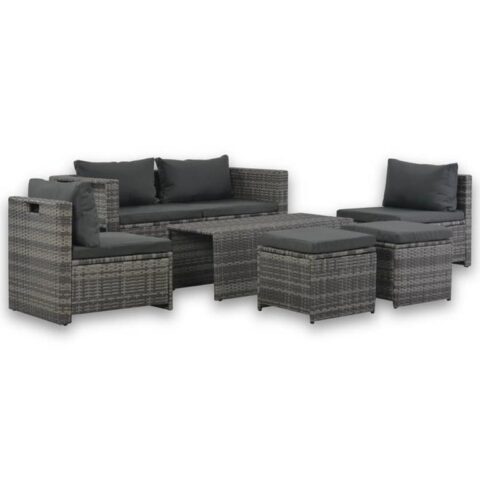 vidaXL Loungeset met kussens 6-delig poly rattan grijs Tuinmeubelen Grijs Polyamide