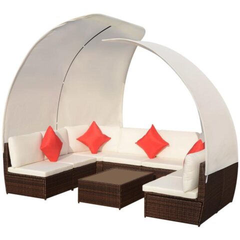 vidaXL Loungeset met luifels poly rattan bruin 34-delig Tuinmeubelen Bruin