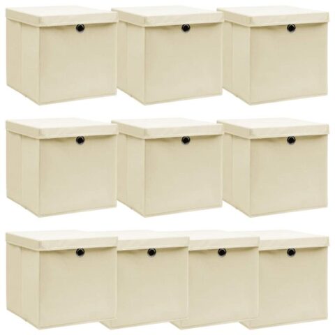 vidaXL Opbergboxen met deksel 10 st 32x32x32 cm stof crème Opbergen Crème Natuurlijk materiaal