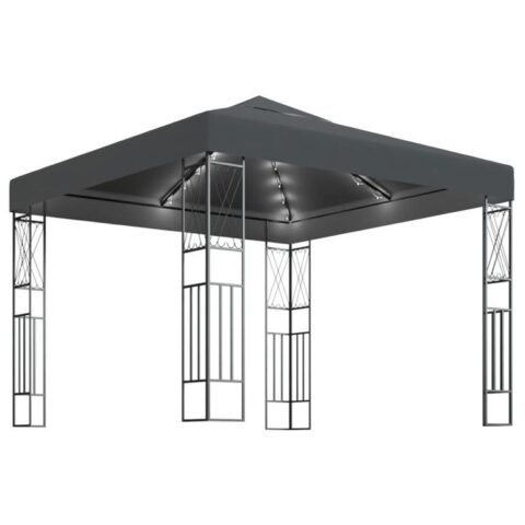 vidaXL Prieel met LED-lichtslinger 3x3 m stof antracietkleurig Zonwering Antraciet Natuurlijk materiaal