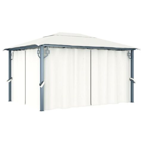 vidaXL Prieel met gordijn 400x300 cm aluminium crème Zonwering Crème Natuurlijk materiaal